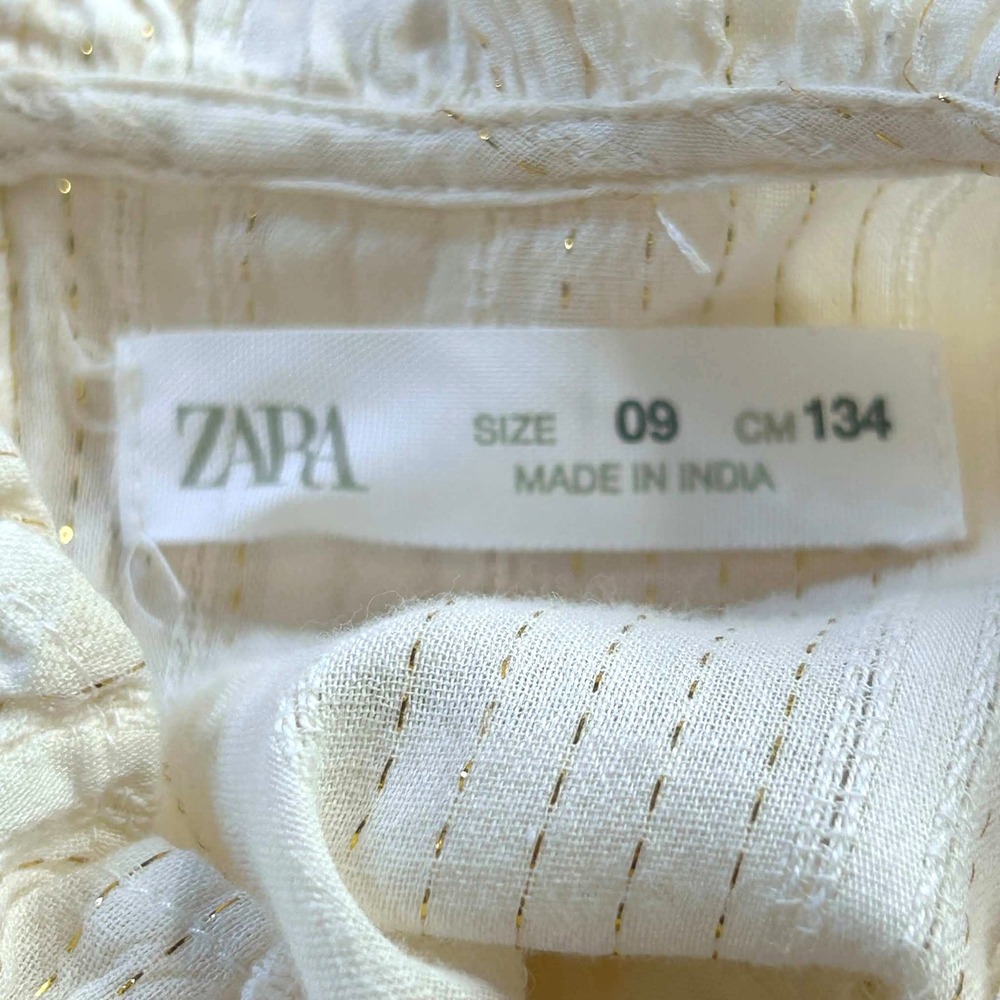Zara Kids Girls Cream Gold Metallic Pinstripe Smocked Tiered Ruffle Dress Size 9 - Picture 2 of 7